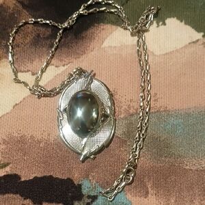 MCM Vintage Silver-tone Pendant Necklace with Stunning Hematite Cabochon.